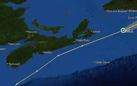 Track of Hurricane Bill along the coast of Nova Scotia, August 23, 2009. Image from StormPulse.com.