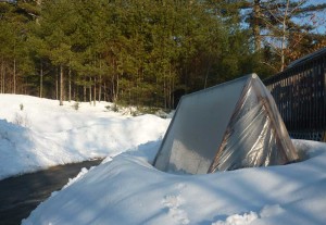 April 8: The swingset greenhouse melts the snow around it.